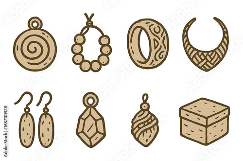 Office furniture icons: desk, chair, bookshelf, and cabinet illustrations
