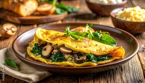 Delicious omelette with mushrooms and spinach on a rustic wooden table with warm tones.