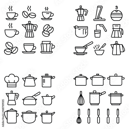 A vibrant vector set of food, drink, and birthday icons including coffee, tea, beer, and wine illustrations for a restaurant design