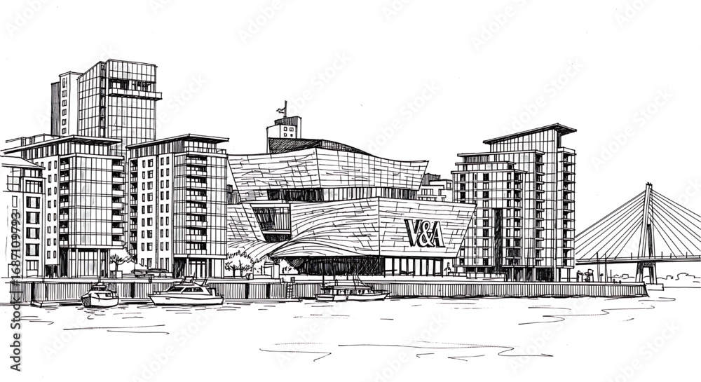 Fototapeta premium Cardiff Bay, Wales sketch with the Wales Millennium Centre. A detailed hand-drawn black and white illustration of the modern Welsh waterfront.