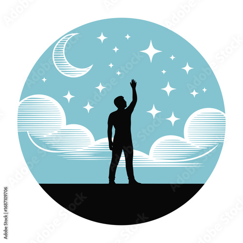 A vector illustration of a man and woman surfing a wave at sunset, with a silhouette of a boat on the water