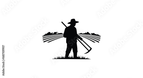 a farmer silhouette holding tools in rural landscape