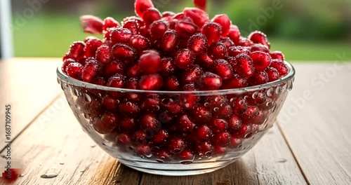 Ruby Jewels Pomegranate seeds glisten in a glass bowl bathed in warm sunlight