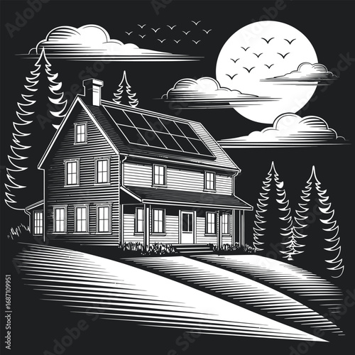 A spooky old house vector on a hill at night, with a silhouette and vintage design of a street and town illustration