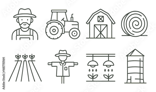 Farm icons: farmer, tractor, barn, hay, crops, scarecrow, greenhouse, silo