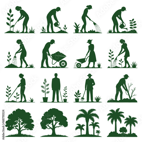 A set of black vector silhouettes of people running, dancing, and playing sports