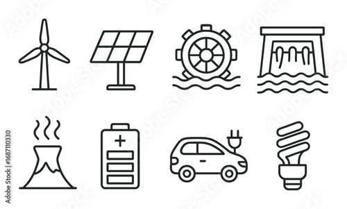 Renewable energy icons: solar, wind, hydro, geothermal, electric car, battery, light bulb
