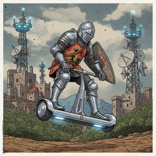 A Medieval Knight in Full Armor Riding a Hoverboard with a Castle and Communication Towers in the Background