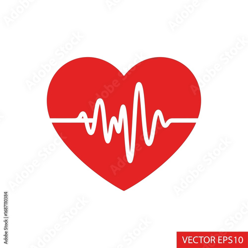 Vibrant Red Heart Icon with Electrocardiogram Waveform Symbolizing Health, Life, Medical Care, and Cardiovascular Wellness