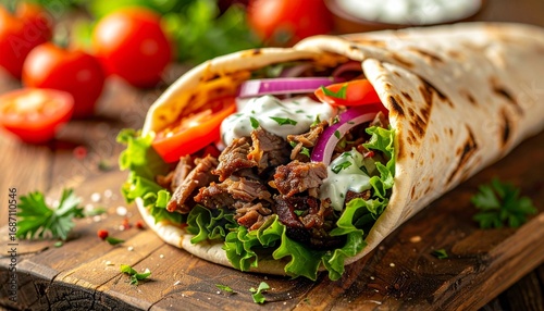 Delicious doner kebab wrapped in a toasted pita with fresh lettuce, tomato, and tzatziki sauce on a wooden cutting board.