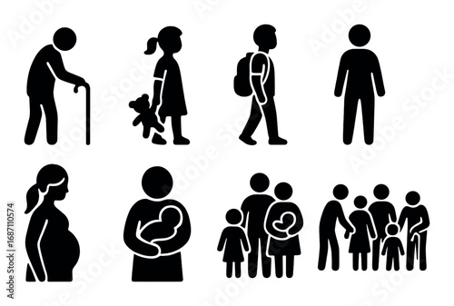 Silhouette icons depicting various life stages and family dynamics