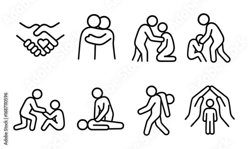 Icons of compassionate human interaction in various supportive scenarios