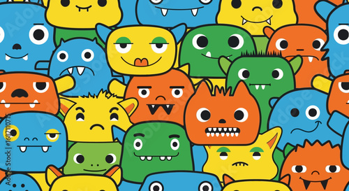 Cute Cartoon Monsters Illustration with Whimsical Faces and Colorful Characters