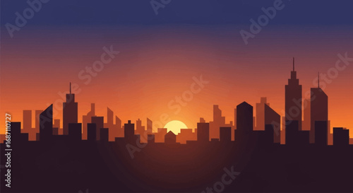 Dramatic urban skyline silhouette at golden hour, featuring majestic city buildings against a vibrant gradient sky of orange and purple hues at dawn or dusk
