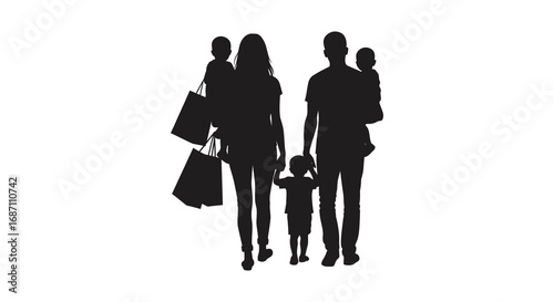 a family silhouette walking together holding shopping bags