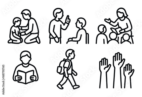 Illustrated scenes of parenting, education, and learning in simple line art
