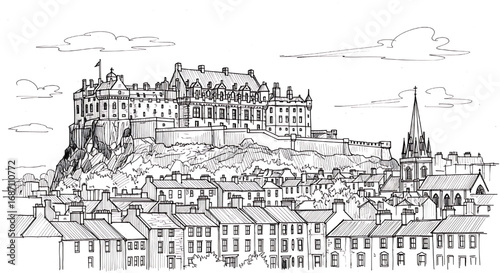Hand-drawn sketch of Edinburgh Castle in Edinburgh, Scotland. A detailed black and white illustration of the historic fortress on Castle Rock.