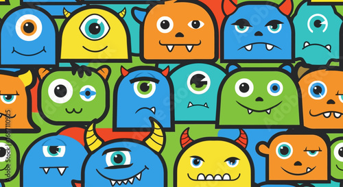 A vibrant, colorful pattern of playful, friendly cartoon monsters with various expressions and eye designs