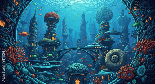 Underwater Cityscape A Futuristic Aquatic Metropolis Amidst Coral Reefs and Marine Life