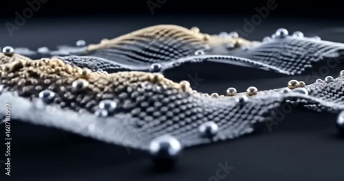 Silver spheres dot textured waves on a dark plane creating an abstract landscape