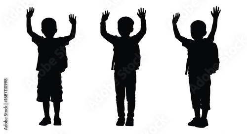 children silhouettes raising hands together in playful stance