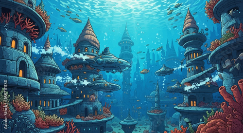 Underwater City A Mystical Realm of Aquatic Architecture and Coral Reefs