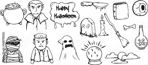 Spooky Halloween Doodles with Ghosts and Pumpkins, Creative Design, Black and White, Fun, Playful, Artistic, Whimsical, Expressive, Illustrated, Trick-or-Treat, Eerie, Bold, Festive, Seasonal, Unique,