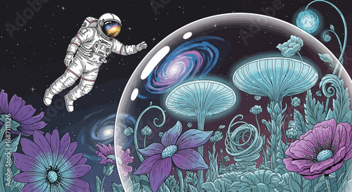 Astronaut observes a vibrant, surreal fantasy garden in a cosmic bubble, showcasing glowing alien flora and miniature galaxies in deep space