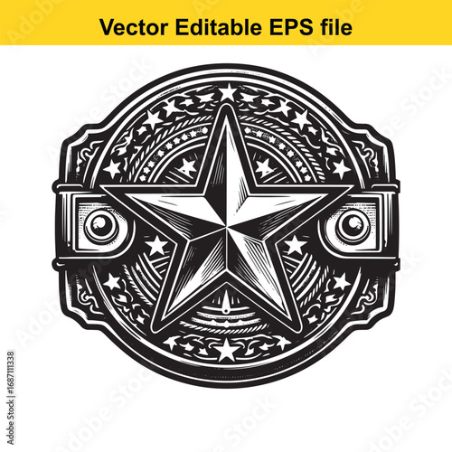 Black and white star emblem isolated on white background