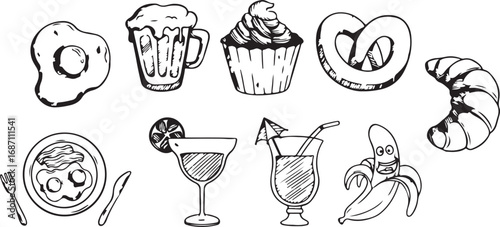Dessert and Drinks Doodles with Tasty Elements, Whimsical Design, Black and White, Creative, Playful, Charming, Artistic, Sweet, Illustrated, Expressive, Simple, Delightful, Unique, Yummy Design, Food