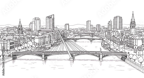 Sketch of the Glasgow, Scotland skyline over the River Clyde. A detailed hand-drawn black and white illustration of the vibrant Scottish city.