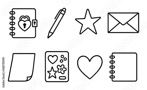 Set of black office and stationery icons on dark background