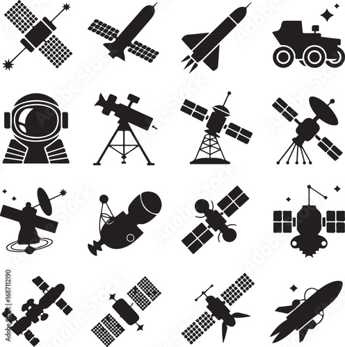Space Exploration and Astronomy Icons Set Keywords: satellite, rocket, spacecraft, moon rover