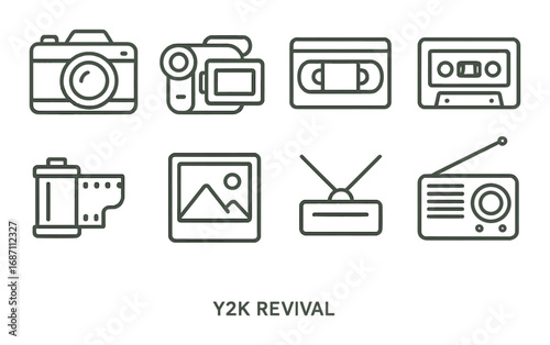 Y2k revival: icons featuring camera, cassette, film, tv, radio symbols