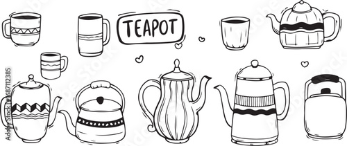 Teapot and Kitchen Utensils Doodle Vector – Tea, Coffee, Drink, Cup, Jug, Household, Outline, Minimal, Flat, Black, Creative, Icon, Symbol, Art, Design, Illustration, Cooking, Abstract