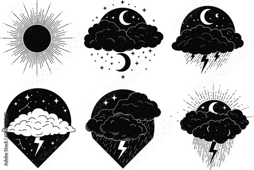 Celestial weather icons, moon cloud lightning, night sky illustration, dreamy silhouette, mystical storm, cosmic art, stars