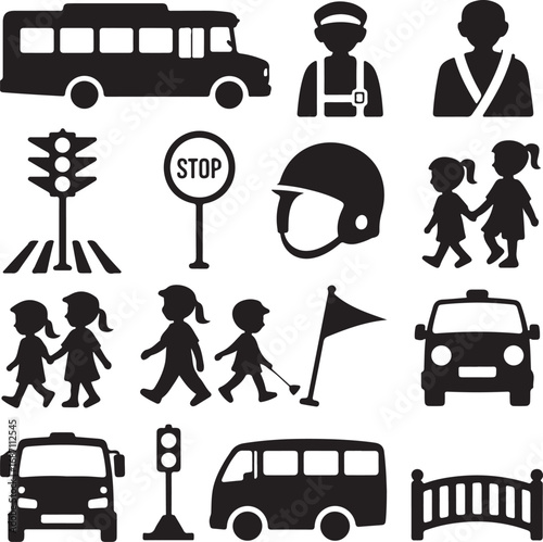 School Safety and Transportation Icons Set Keywords: school bus, crossing guard, traffic light