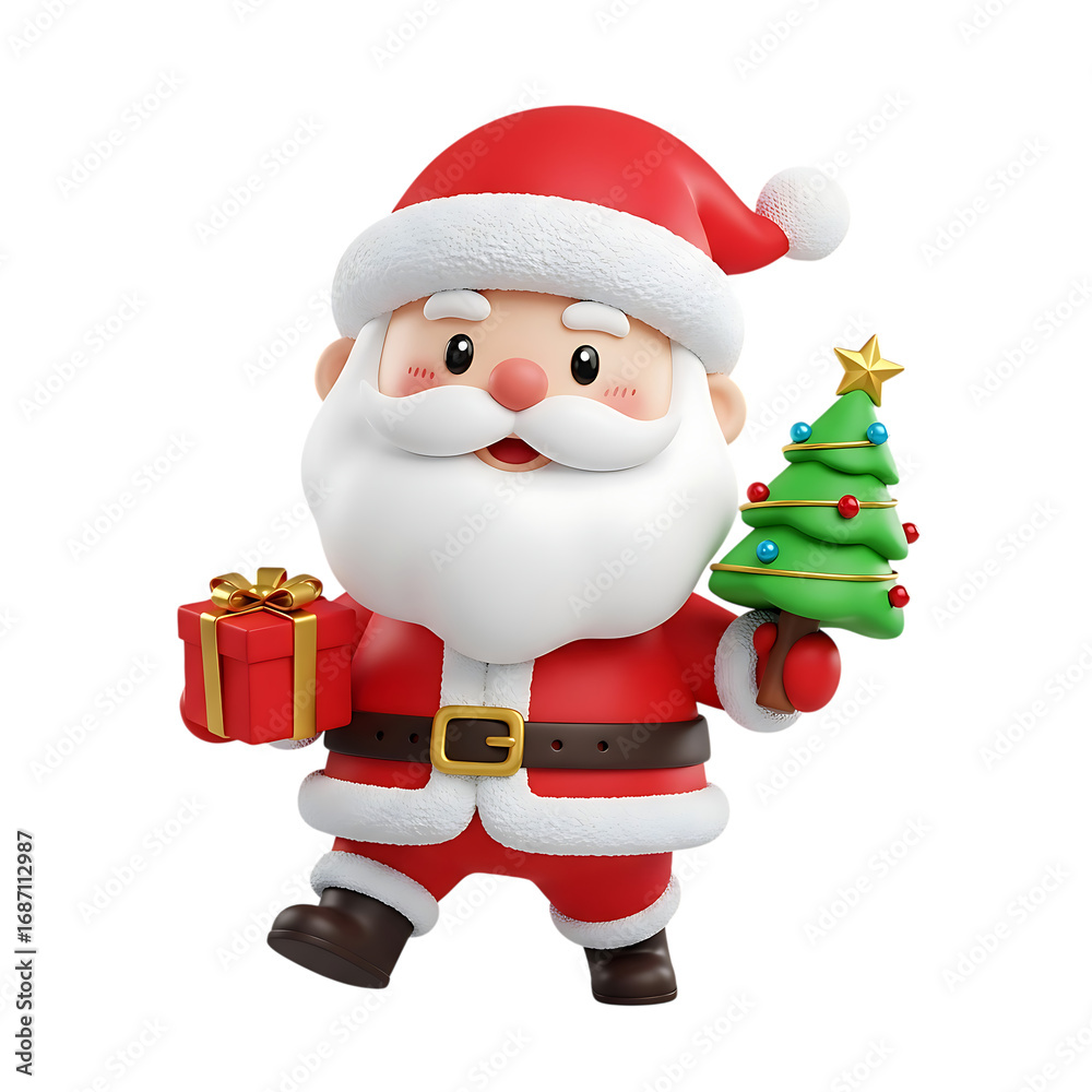 Fototapeta premium Charming santa claus character holding a christmas tree and gift celebrating the holiday season joy