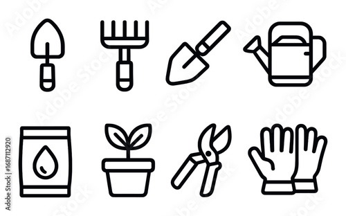Gardening tools icons set: shovel, rake, watering can, gloves, planter, pruners