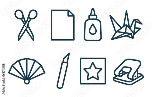 Art and craft tools icons set featuring scissors, glue, paper, origami, fan, and puncher