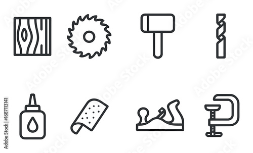 Woodworking tools collection: saw, hammer, drill, glue, plane, clamp icons