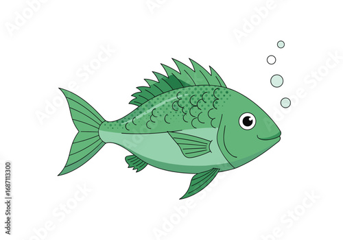 Cute green fish swimming underwater with bubbles floating upwards