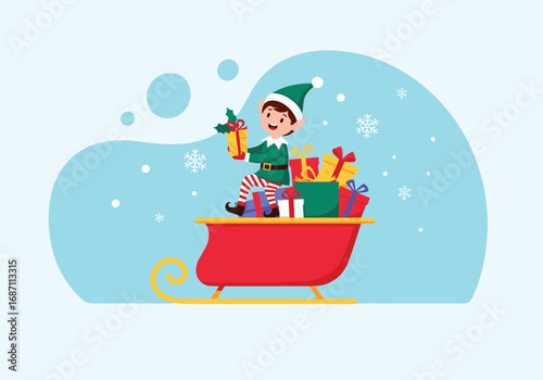 An elf riding a sleigh filled with gifts and christmas presents under a winter snowfall