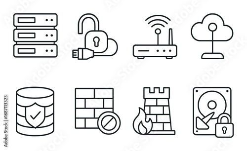 Network security icons: lock, firewall, cloud, hard drive, router in minimalist grid layout