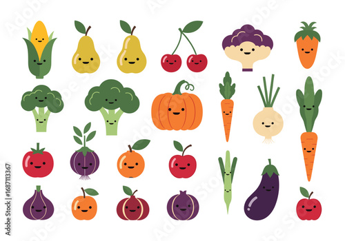 Cute kawaii style pixel art vegetables and fruits collection of delicious food items