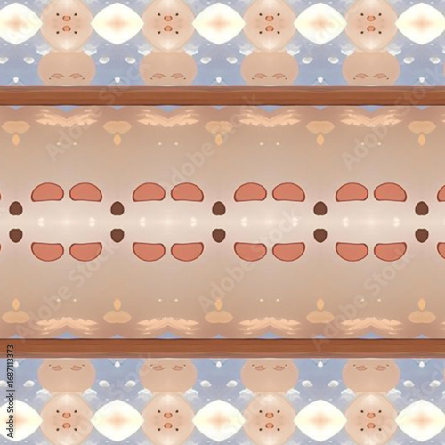 Whimsical repeating pattern with soft cartoon-like characters, playful symmetry, and warm tones. Great for abstract, pattern, whimsical, symmetry, playful design.