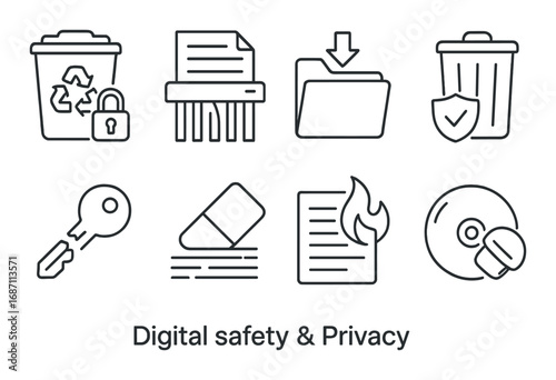 Digital safety and privacy icons: secure file management and data protection symbols