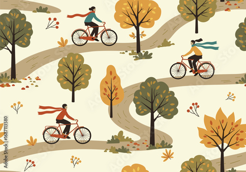 Autumn cyclists enjoy a scenic ride on winding park trails surrounded by colorful fall foliage
