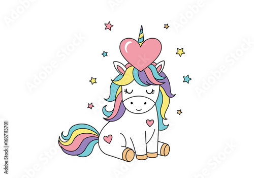 Cute sitting unicorn with colorful mane and heart above head surrounded by stars