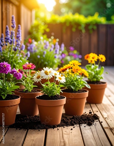 Wallpaper Mural Vibrant flowers in terracotta pots on a patio Torontodigital.ca